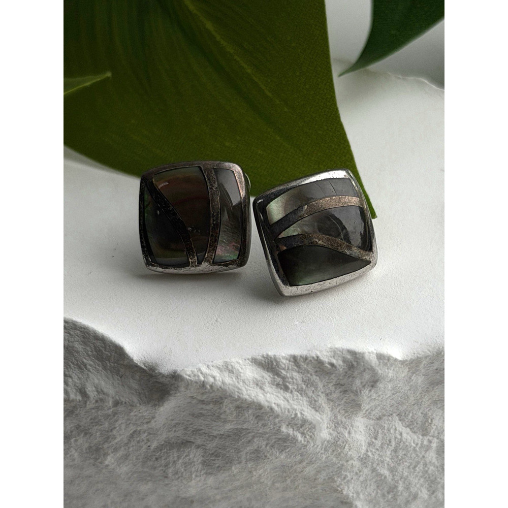 Vintage Modernist Retro 925 Sterling Silver Dark Mother of Pearl Earrings